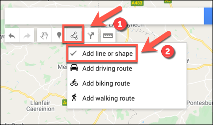 Pressione Desenhar uma linha> Adicionar linha ou forma para começar a adicionar uma linha ou forma ao seu mapa personalizado do Google Maps