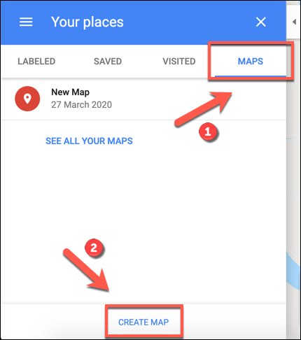 Clique em Criar mapa para começar a criar um mapa personalizado do Google Maps