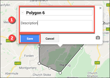 Adicione um nome e uma descrição a uma forma personalizada no editor de mapas do Google Maps antes de pressionar Salvar para salvar