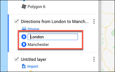 Digite os locais de partida e chegada na camada de rotas personalizadas no editor de mapas do Google Maps