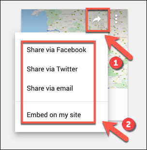 As opções de compartilhamento social para um mapa personalizado do Google Maps