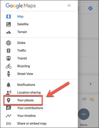 Pressione a opção Seus lugares no Google Maps