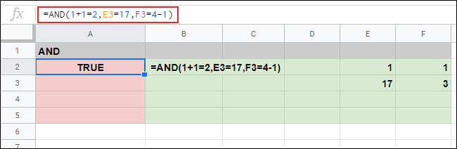 Uma resposta AND TRUE na célula A2 para três argumentos em uma planilha do Google Sheets.