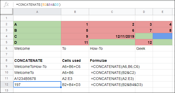 A função CONCATENAR no Planilhas Google, vinculando células sem operadores.