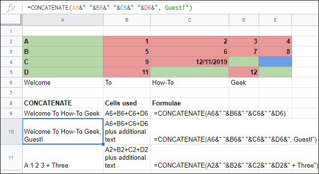 A função CONCATENATE com operadores complexos em uma planilha do Google Sheets.