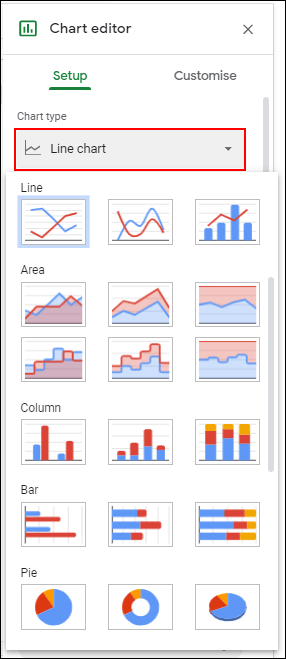 Na ferramenta Editor de gráfico, clique na guia Configuração e escolha um novo tipo de gráfico no menu suspenso Tipo de gráfico