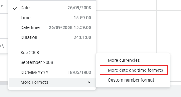 Opções adicionais de formatação de data e hora do Planilhas Google podem ser encontradas clicando em Formato> Número> Mais formatos> Mais formatos de data e hora