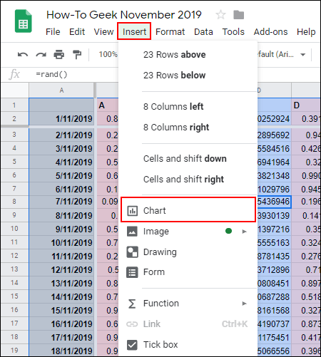 No Planilhas Google, clique em Inserir> Gráfico para inserir um gráfico