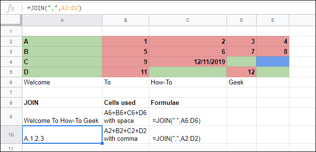 A função JOIN mescla matrizes de células em uma planilha do Google Sheets.