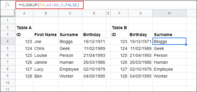 VLOOKUP no Planilhas Google, retornando dados de uma tabela para outra.