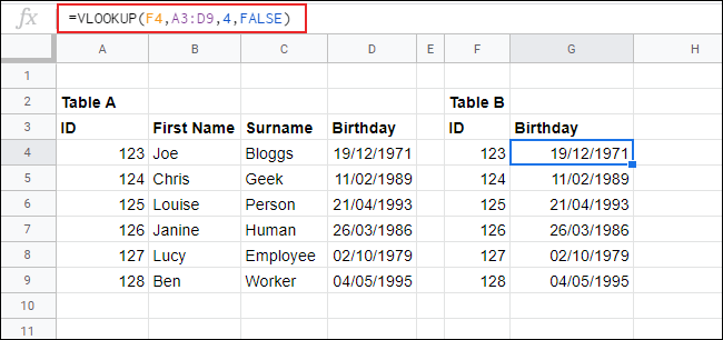 A função VLOOKUP no Planilhas Google, usada para combinar dados da tabela A com a tabela B.