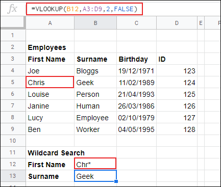 Os resultados de uma pesquisa VLOOKUP com curinga de sobrenome usada no Planilhas Google.