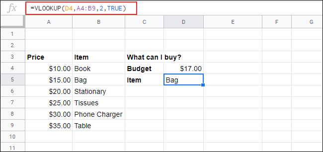 Uma VLOOKUP no Planilhas Google com dados classificados para encontrar o valor mais próximo ao valor da chave de pesquisa.