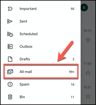 Clique no menu de hambúrguer e pressione a guia Todos os e-mails no aplicativo Gmail