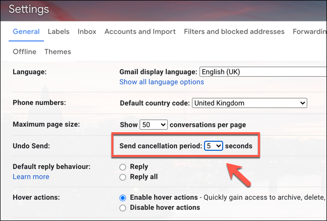 A configuração Desfazer envio para recuperar e-mails no menu de configurações do Gmail