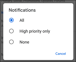 Configurações de notificações para conta do Gmail