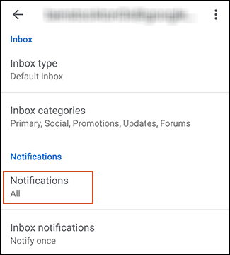Configurações da conta no Gmail com notificações destacadas