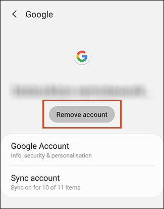 O botão Remover conta nas configurações da conta do Google