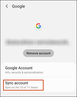 Botão de sincronização da conta na área de configurações da conta do Android