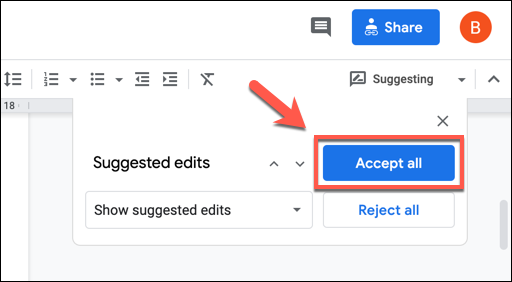 Para aceitar todas as sugestões de edição em um documento, clique no botão Aceitar tudo.