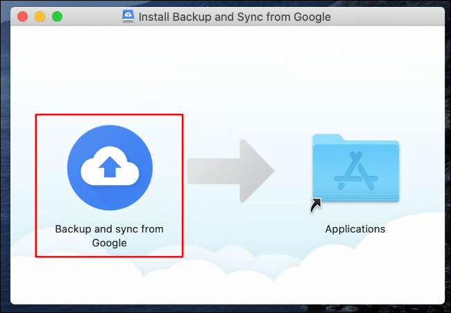 No instalador do Backup e sincronização do Google Drive para Mac, arraste o ícone do Backup e sincronização do Google para o ícone da pasta Aplicativos à direita