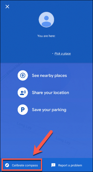 Na tela de informações detalhadas de localização do Google Maps, pressione o botão Calibrar bússola para calibrar a bússola do dispositivo