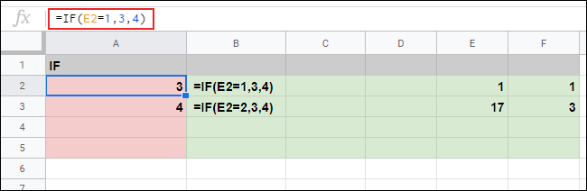 A função IF com um argumento simples em uma planilha do Google Sheets.