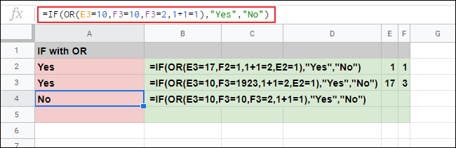 A função IF com uma fórmula OR aninhada que fornece vários argumentos que resultam em respostas VERDADEIRAS e FALSAS em uma planilha do Planilhas Google.
