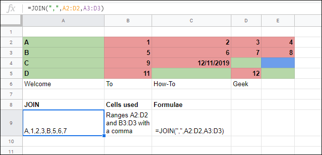 A função JOIN mesclando várias matrizes em uma planilha do Google Sheets.