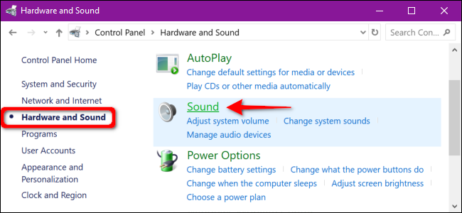 Painel de controle de hardware e som