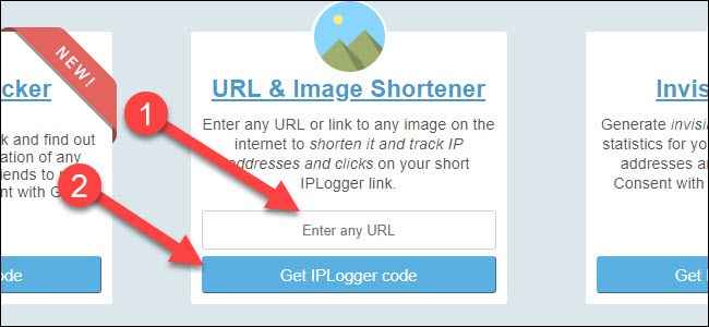 Site do registrador de IP com uma seta apontando para a opção de encurtador de URL e obter o botão de código iplogger
