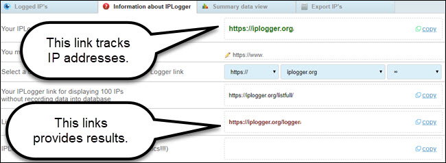 Site de link gerado por registrador de IP, com texto explicativo para rastreamento e visualização de links