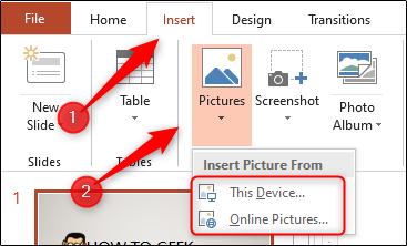 Clique em "Inserir", selecione "Imagens" e clique em "Este dispositivo" ou "Imagens online".