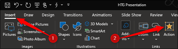 Na guia "Inserir", selecione "Ação" no grupo "Links".