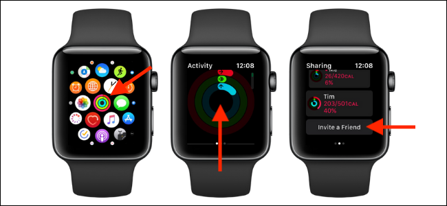 Opção Convidar um amigo em Atividade no Apple Watch