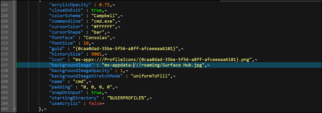Arquivo de configuração json do terminal do Windows, mostrando uma opção de plano de fundo personalizado.