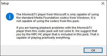 Uma caixa de aviso sobre o aplicativo Filmes e TV durante a instalação do codec K-Lite