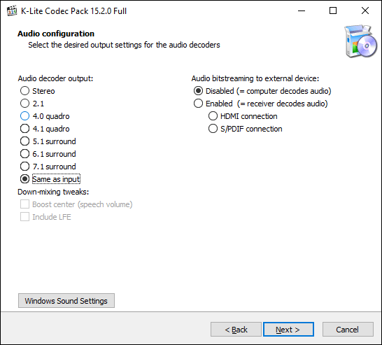 Confirme suas opções de configuração de áudio durante o instalador K-Lite e clique em Próximo