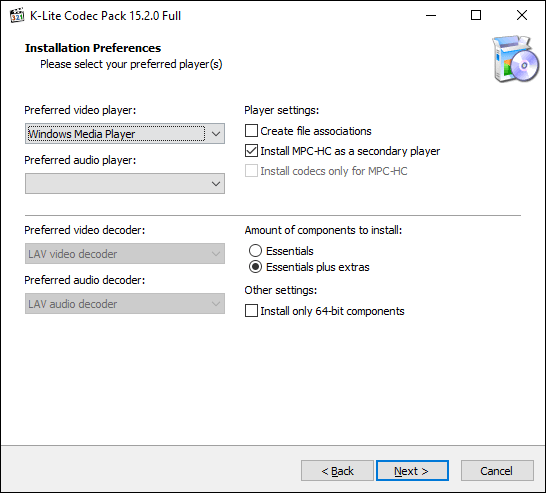 Selecione o seu reprodutor de vídeo preferido no instalador K-Lite e clique em Próximo