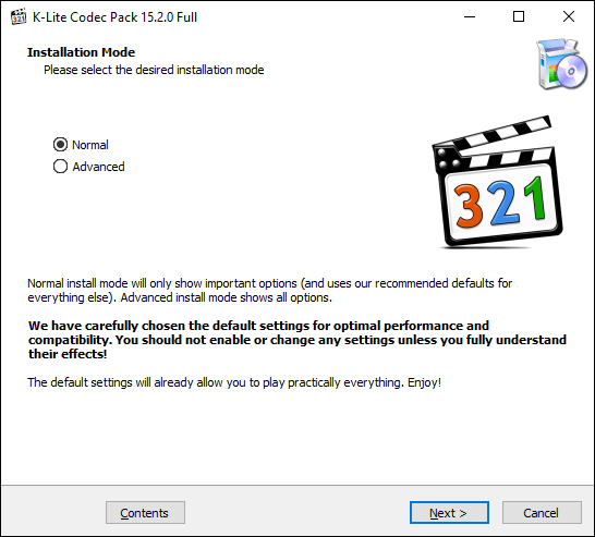 Abra o instalador do codec K-Lite, selecione o modo de instalação e clique em Próximo
