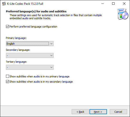 Selecione as opções de idioma no instalador K-Lite e clique em Próximo