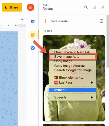 Clique com o botão direito e clique em Salvar imagem como para salvar um arquivo de imagem das notas do Keep