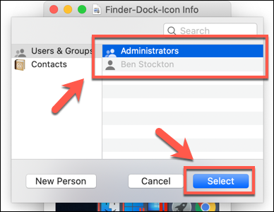 Selecione um usuário ou grupo de usuários e pressione Selecionar para adicionar esse usuário ou grupo à lista de permissões de arquivo no macOS