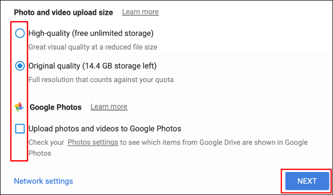 Escolha o tamanho de upload de sua foto e vídeo e se deseja fazer upload para o Google Fotos e clique em Avançar