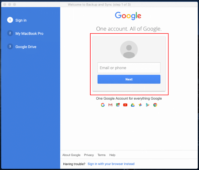 Faça login em sua Conta do Google na primeira inicialização do Backup e sincronização do Google no Mac