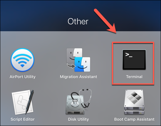 Pressione o ícone do Launchpad no Dock e, em seguida, clique na opção "Terminal" na pasta "Outros" para iniciar o aplicativo Terminal