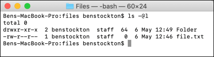 O comando ls no terminal do macOS mostrando arquivos e pastas