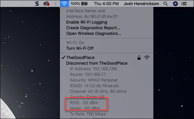 Submenu MacOS Wi-Fi mostrando a entrada RSSI medida em dBm.