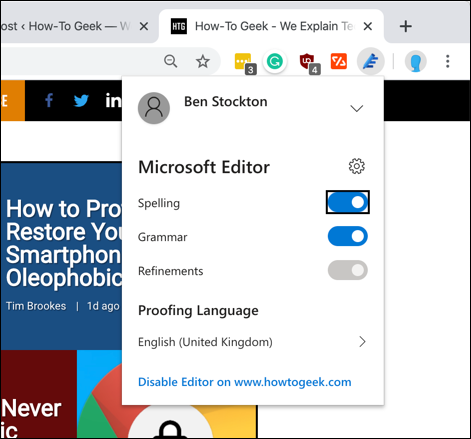 A guia de configurações de extensão do Microsoft Editor Chrome