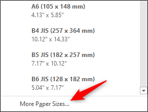 Clique em "Mais tamanhos de papel".